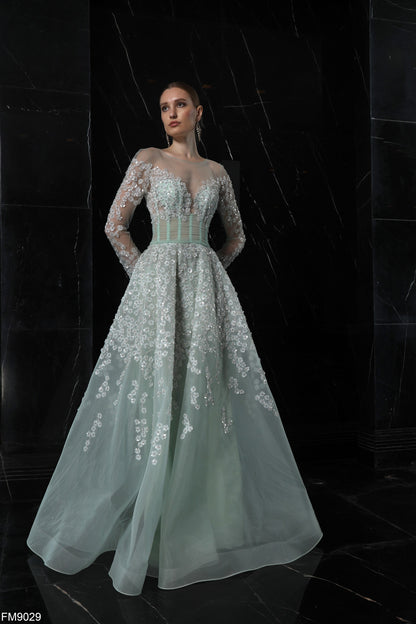 Azzure Couture: Elegant Light Green Floral Gown