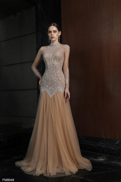 Elegant Sage Green Long Sleeve Illusion Gown with Beaded Bodice Rofial Beauty Elegant Sage Green Long Sleeve Illusion Gown with Beaded Bodice Rofial Beauty