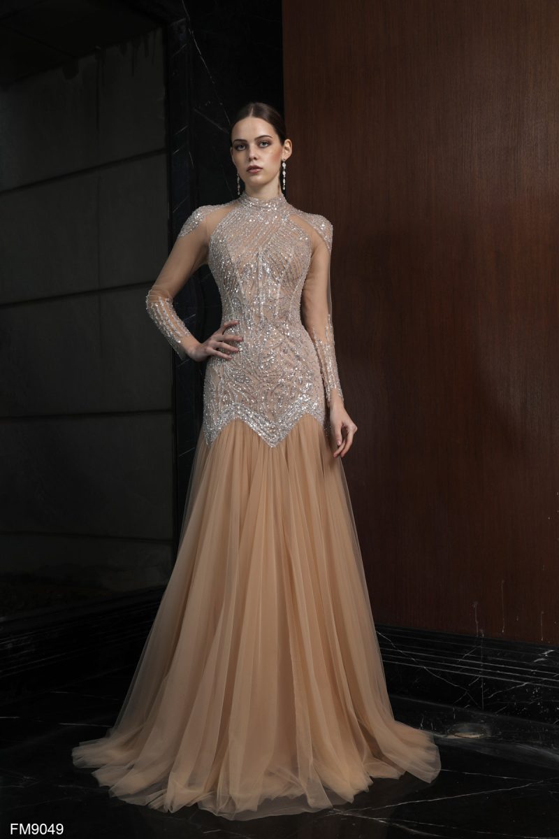 Elegant Sage Green Long Sleeve Illusion Gown with Beaded Bodice