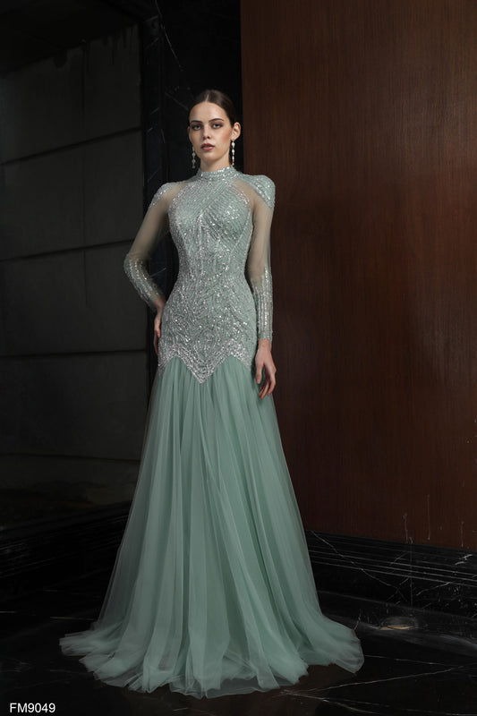 Elegant Sage Green Long Sleeve Illusion Gown with Beaded Bodice