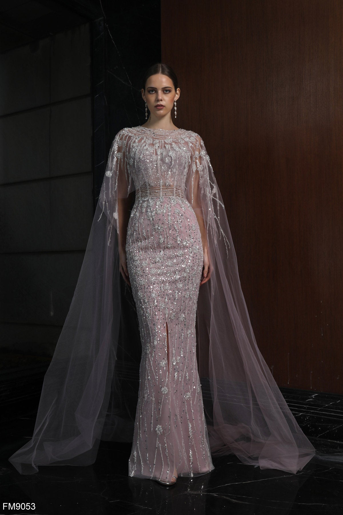 Azzure Couture: Glamorous Beaded Gown with Sheer Cape