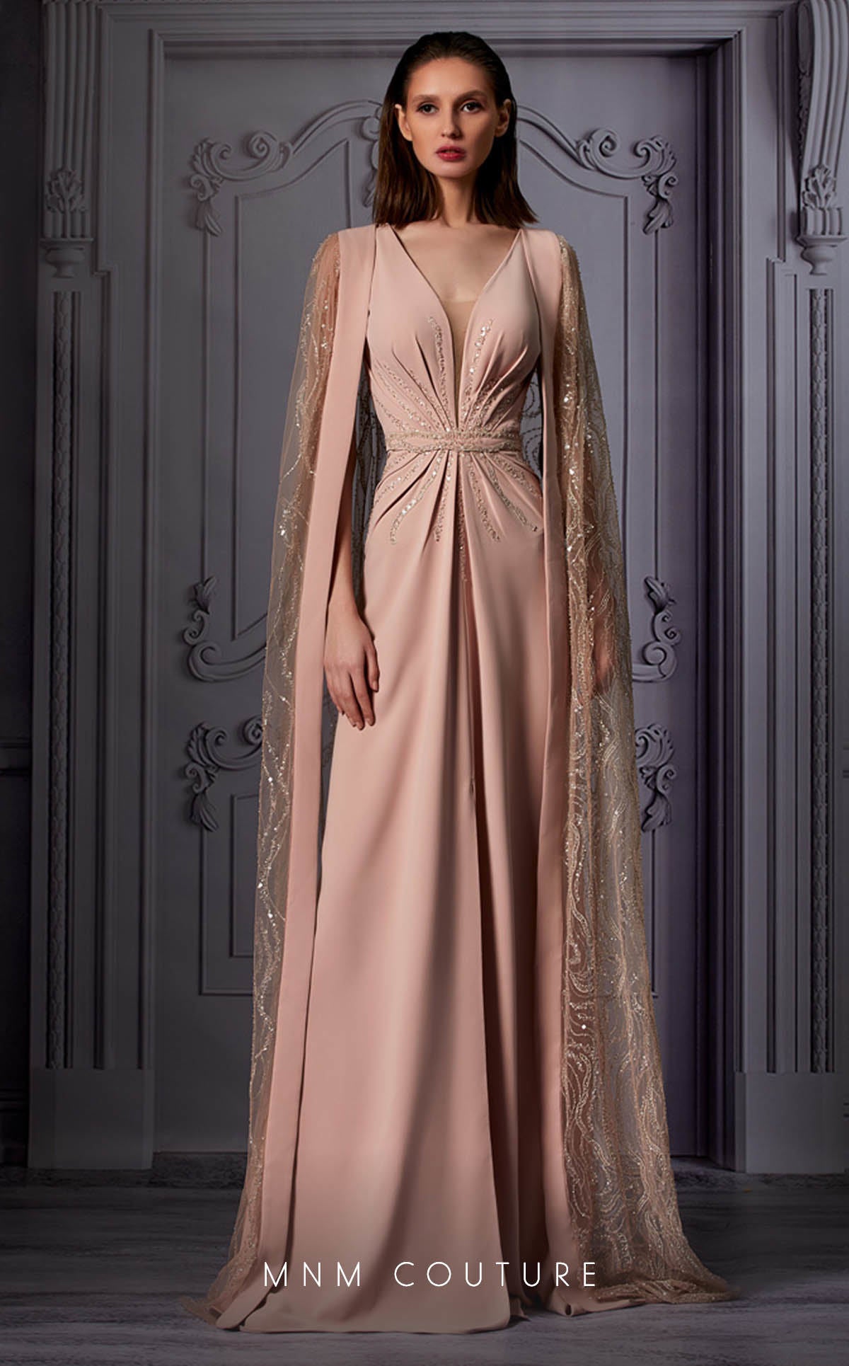 MNM-Couture-K3853-Crepe-Crew-Neck-Long-Sleeves-Fitted-Dress-Pink-Dazzling-Elegance-Style-Front-View - Rofial Beauty