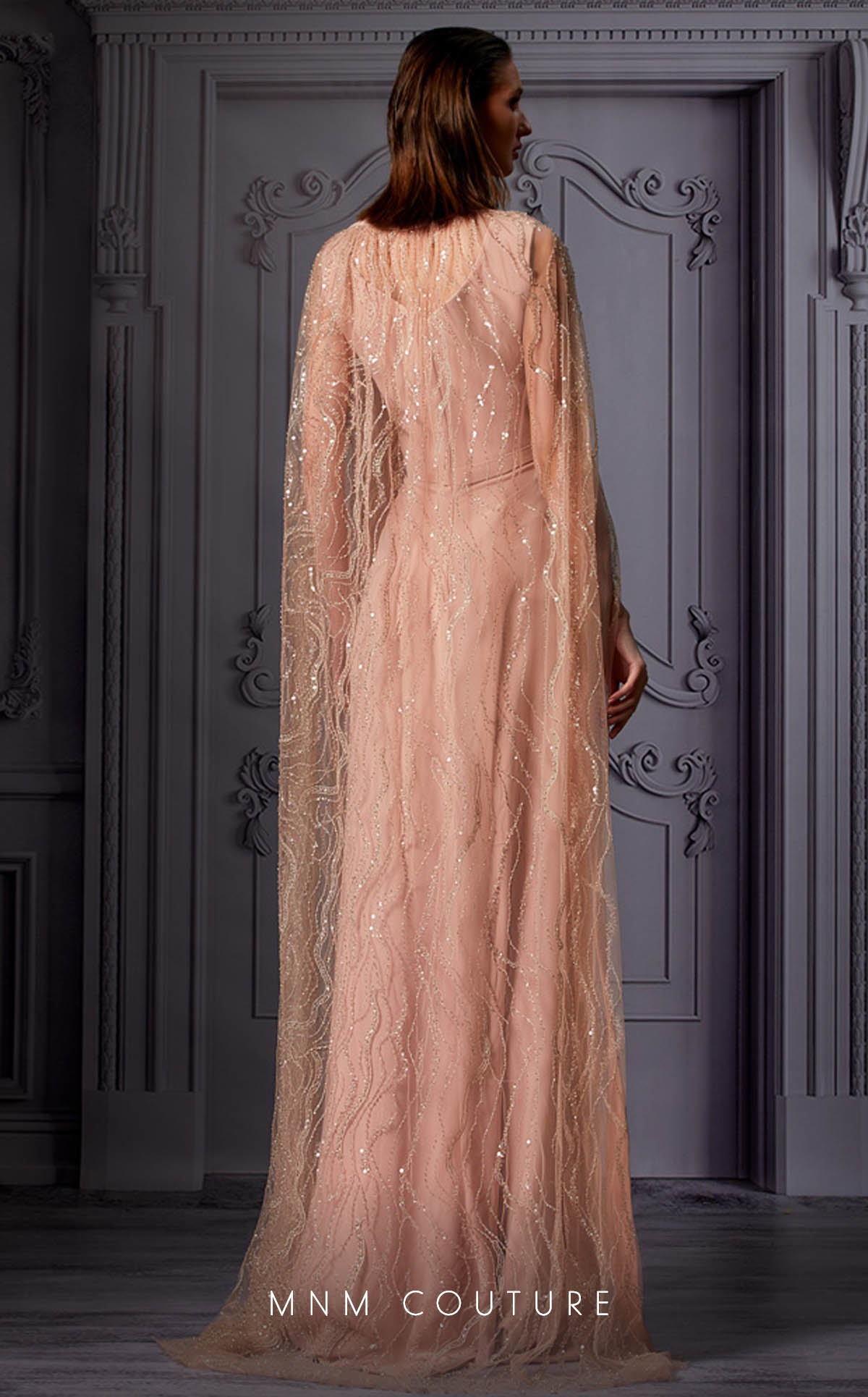 MNM-Couture-K3853-Crepe-Crew-Neck-Long-Sleeves-Fitted-Dress-Pink-Dazzling-Elegance-Style-Back-View - Rofial Beauty