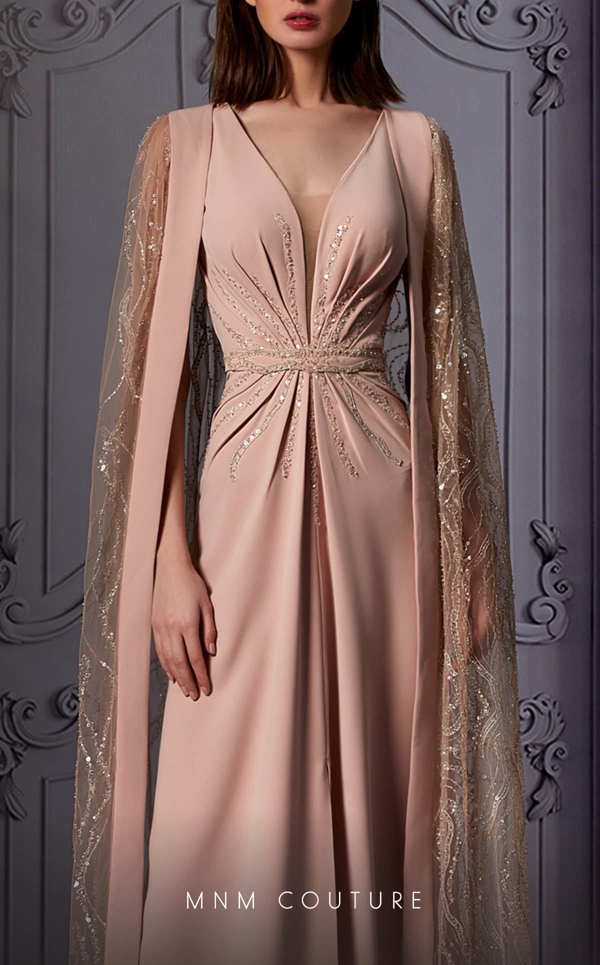 MNM-Couture-K3853-Crepe-Crew-Neck-Long-Sleeves-Fitted-Dress-Pink-Dazzling-Elegance-Style-Detail-View - Rofial Beauty