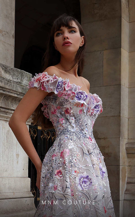 MNM Couture K4013 Off-Shoulder Floral Beaded A-Line Evening Gown – White