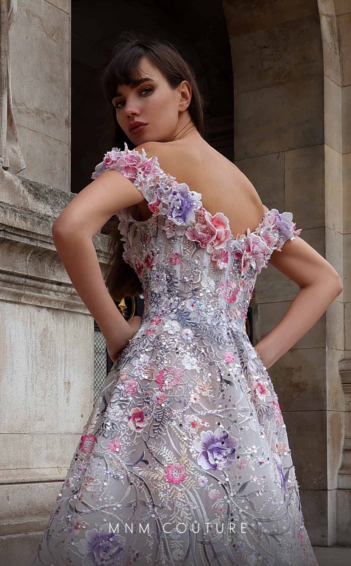 MNM Couture K4013 Off-Shoulder Floral Beaded A-Line Evening Gown – White