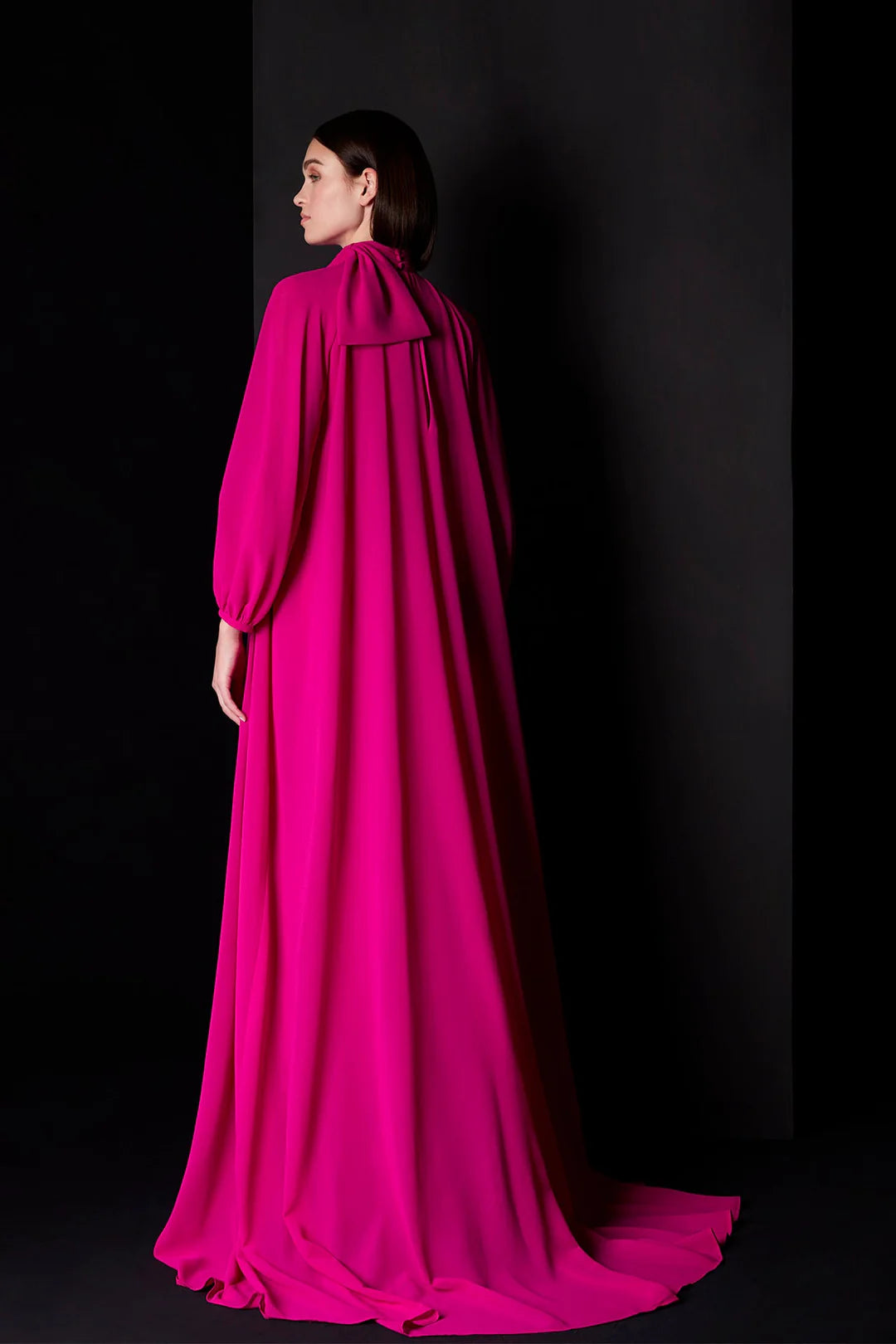 Manu García MG3623 – Fuchsia Crepe Gown with Dramatic Georgette Cape