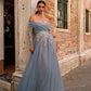 Silver Mist: Ice Blue Off-Shoulder Gown with Removable Embroidered Sleeves – V-250