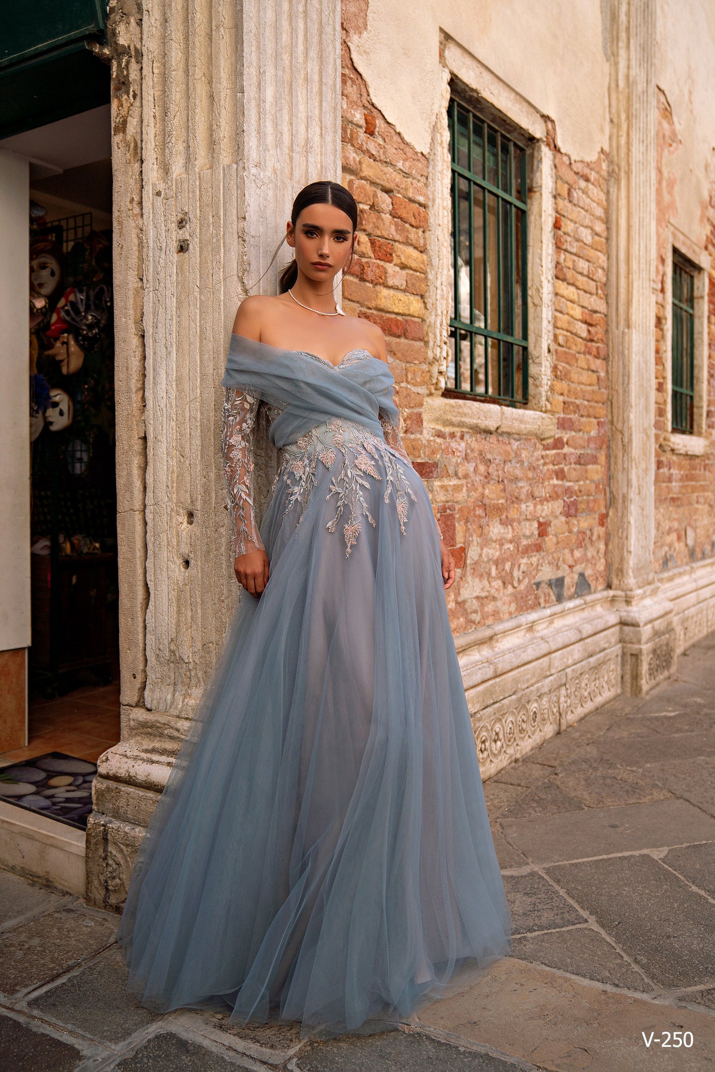 Silver Mist: Ice Blue Off-Shoulder Gown with Removable Embroidered Sleeves – V-250