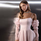 Moonlit Muse: Ruffled Satin Gown with Detachable Puffy Sleeves – Black & Blush Pink