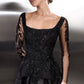 Noir Majesty: Hand-Beaded Illusion Sleeve Gown with Layered Tulle Skirt – V-270
