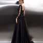 Noir Majesty: Hand-Beaded Illusion Sleeve Gown with Layered Tulle Skirt – V-270