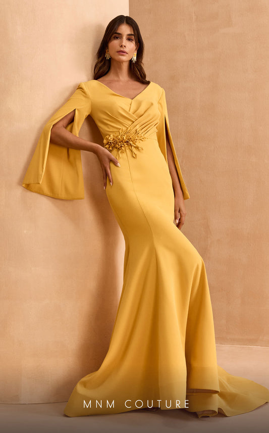 Elegant Mustard Yellow Bell Sleeve Gown with Floral Waist Detail