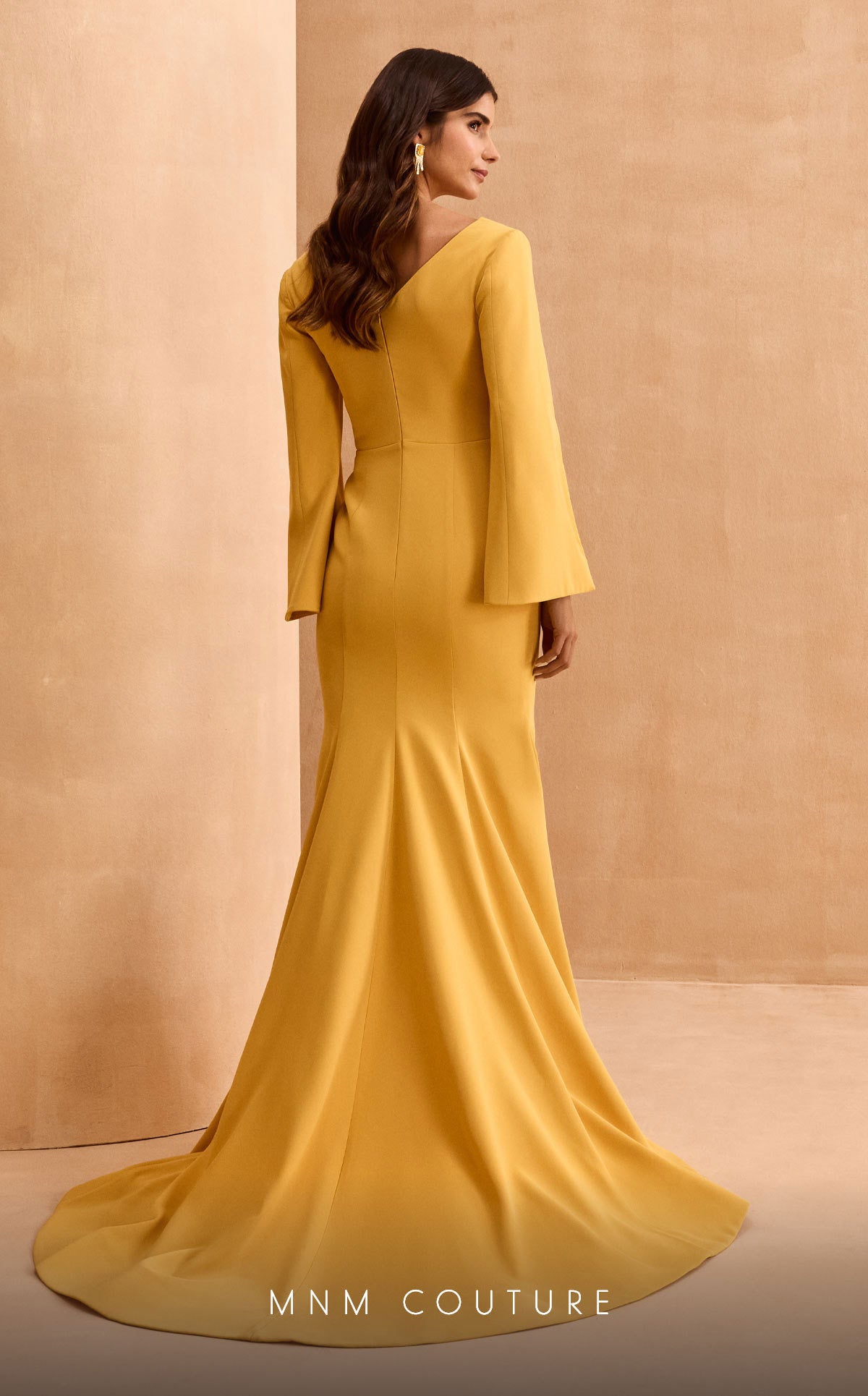 Elegant Mustard Yellow Bell Sleeve Gown with Floral Waist Detail