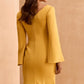 Elegant Mustard Yellow Bell Sleeve Gown with Floral Waist Detail