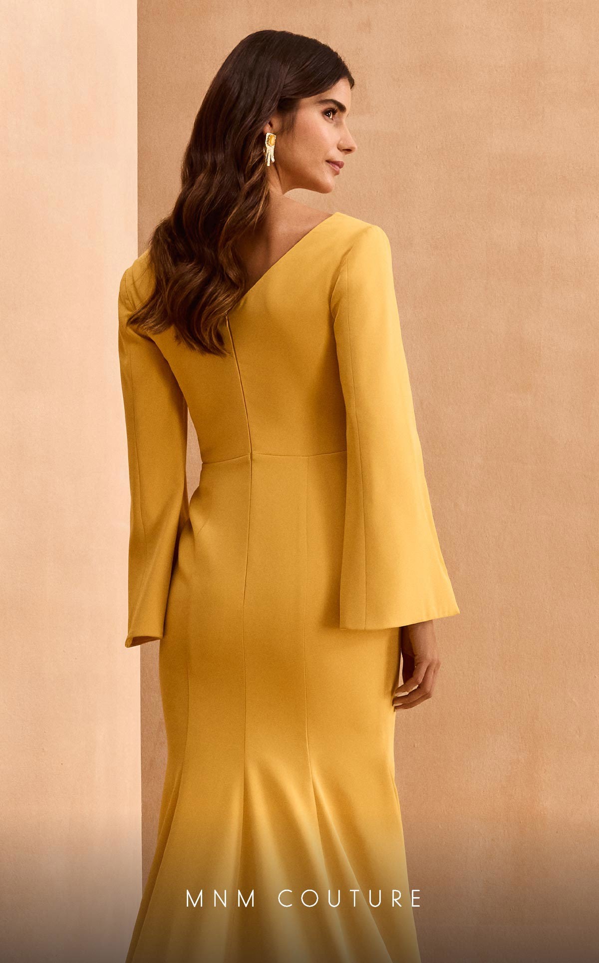 Elegant Mustard Yellow Bell Sleeve Gown with Floral Waist Detail