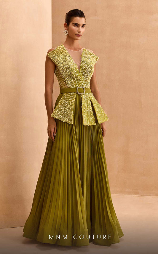 Stunning Olive Green Beaded Peplum Gown with Pleated Skirt