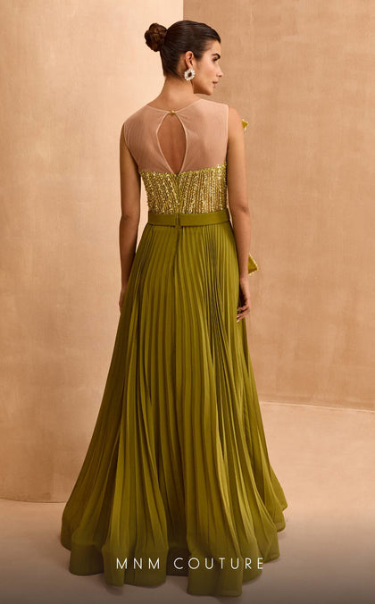 Stunning Olive Green Beaded Peplum Gown with Pleated Skirt – Rofial Beauty