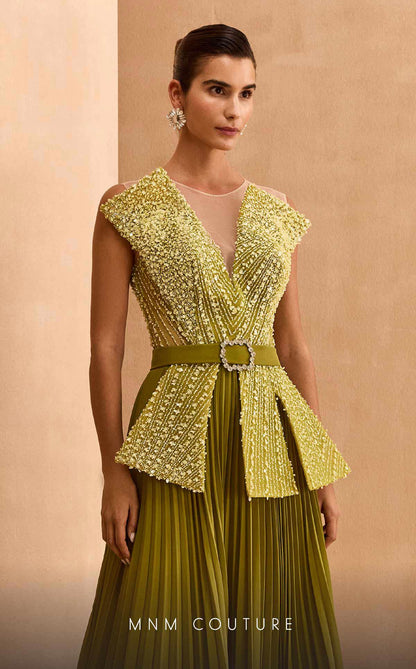 Stunning Olive Green Beaded Peplum Gown with Pleated Skirt