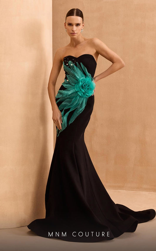 Glamorous Black and Aqua Strapless Gown with Floral Accent