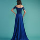 Rear view of a royal sapphire blue gown showcasing a lace-embellished bodice and a flowing satin skirt with a train, set against a teal background.