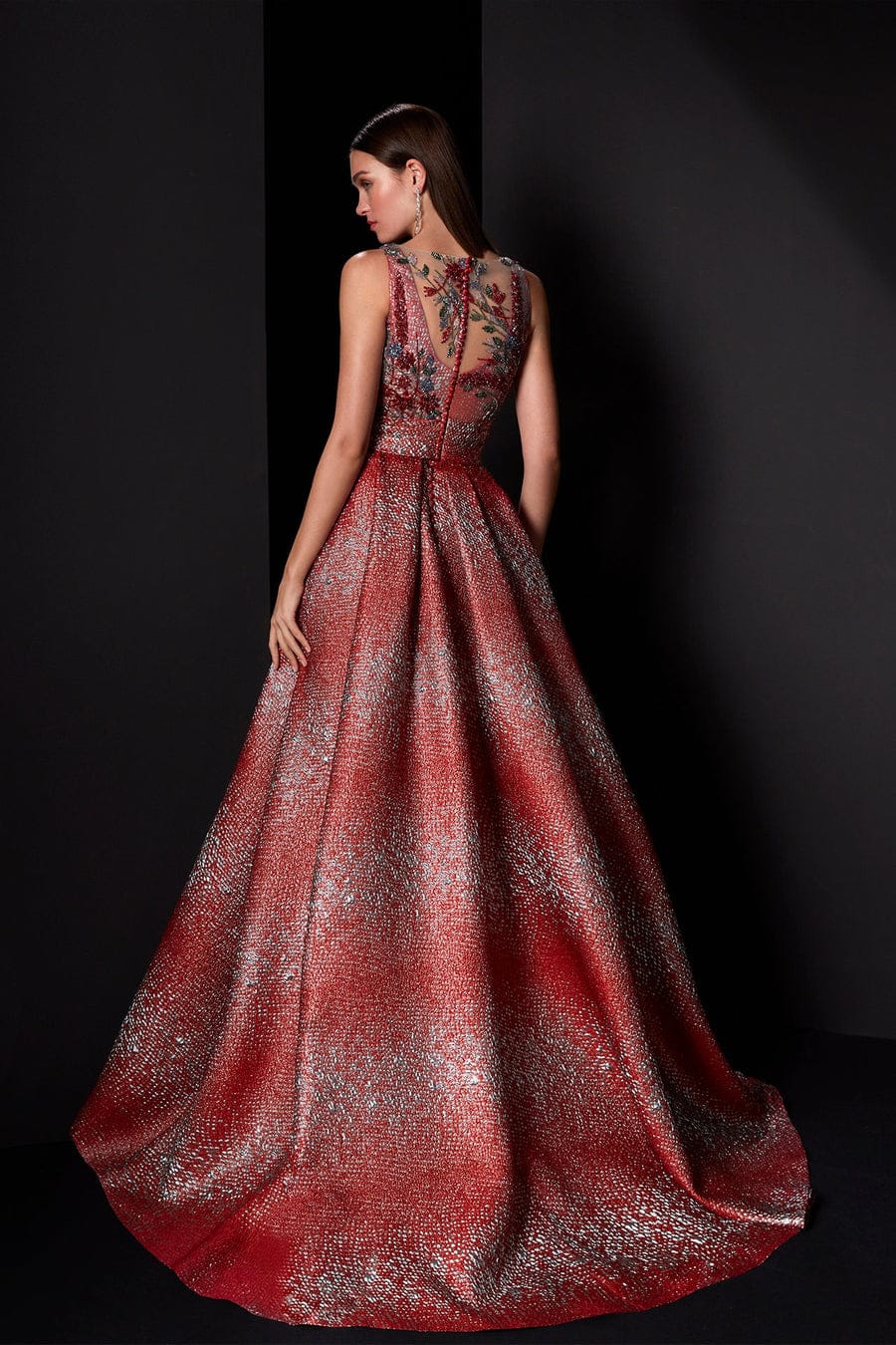 Manu García MG3630 – Elegant Long-Sleeve Brocade & Rhinestone Embellished Gown with Convertible Overskirt