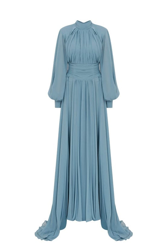 Blue High-Neck Gown with Dramatic Sleeves - MNM Couture 2706A