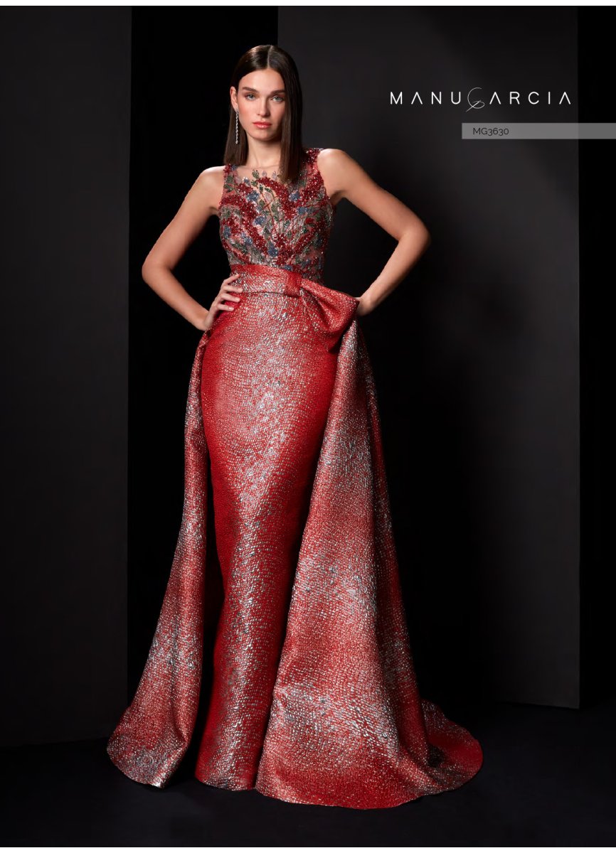 Manu García MG3630 – Elegant Long-Sleeve Brocade & Rhinestone Embellished Gown with Convertible Overskirt