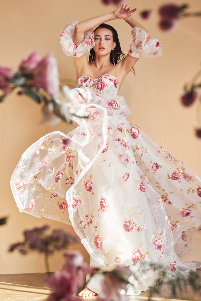 Andrea & Leo A1133 Strapless Organza Peony Print Ball Gown