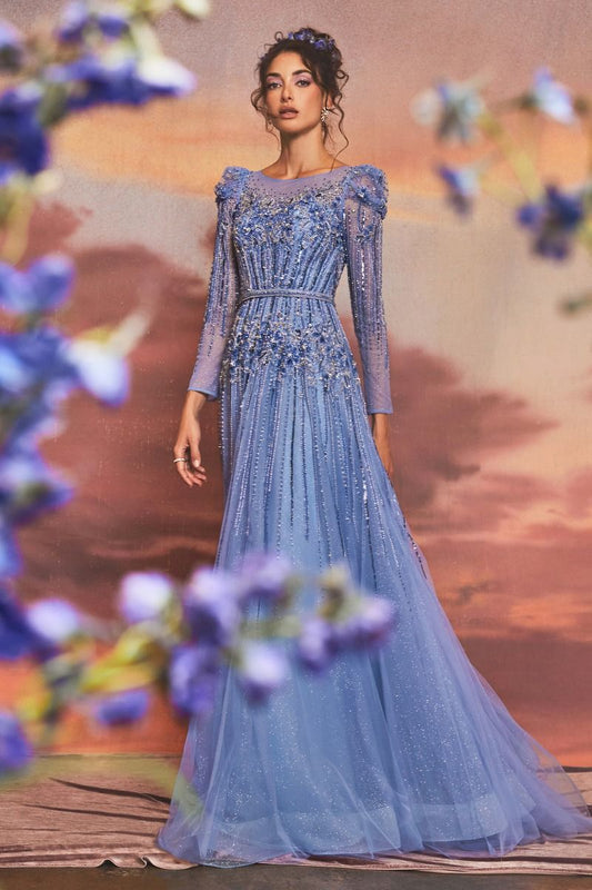 Whimsical Azurite Embellished Gown with Layered Glitter Tulle