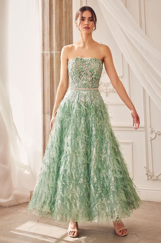 Whimsical Strapless Tea-Length Gown with Glittered Feathers and Beaded Bodice