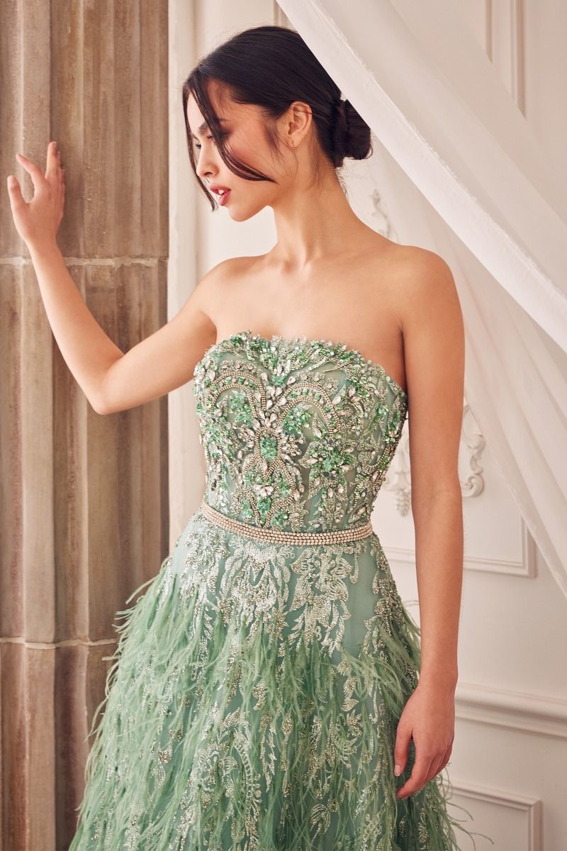 Whimsical Strapless Tea-Length Gown with Glittered Feathers and Beaded Bodice