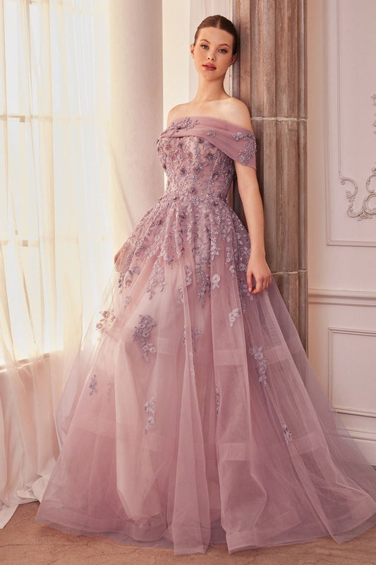 Enchanting Violet Strapless A-Line Tulle Gown with Floral Lace Appliqué