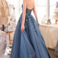 Andrea & Leo A1399 – Enchanting Deep Blue Ball Gown with Lace Appliqué & Tulle Skirt