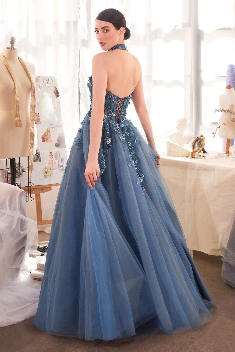 Andrea & Leo A1399 – Enchanting Deep Blue Ball Gown with Lace Appliqué & Tulle Skirt