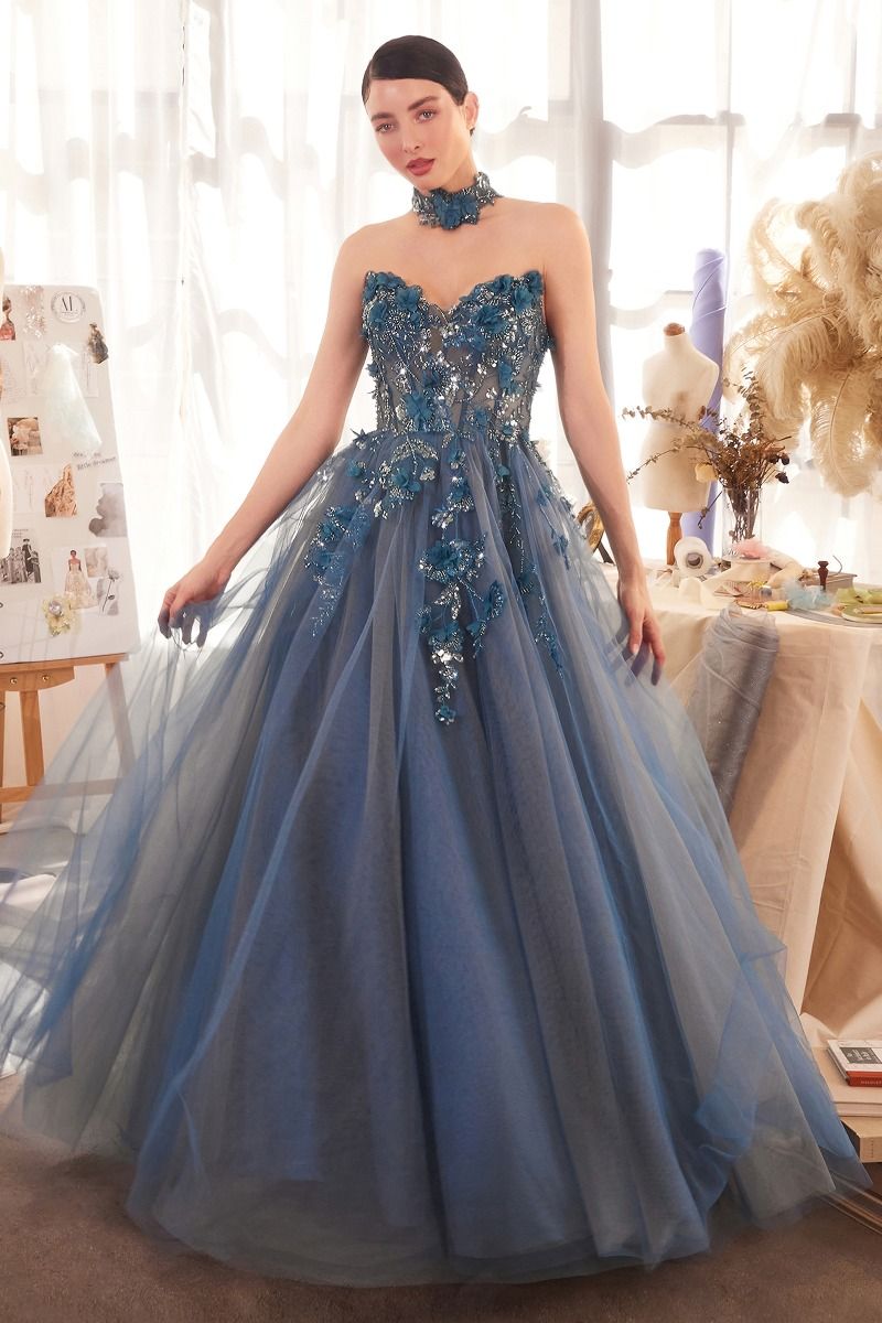 Andrea & Leo A1399 – Enchanting Deep Blue Ball Gown with Lace Appliqué & Tulle Skirt