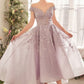 Andrea & Leo A1454 – Elegant Lavender Tea-Length Dress with Illusion Neckline & Lace Appliqué