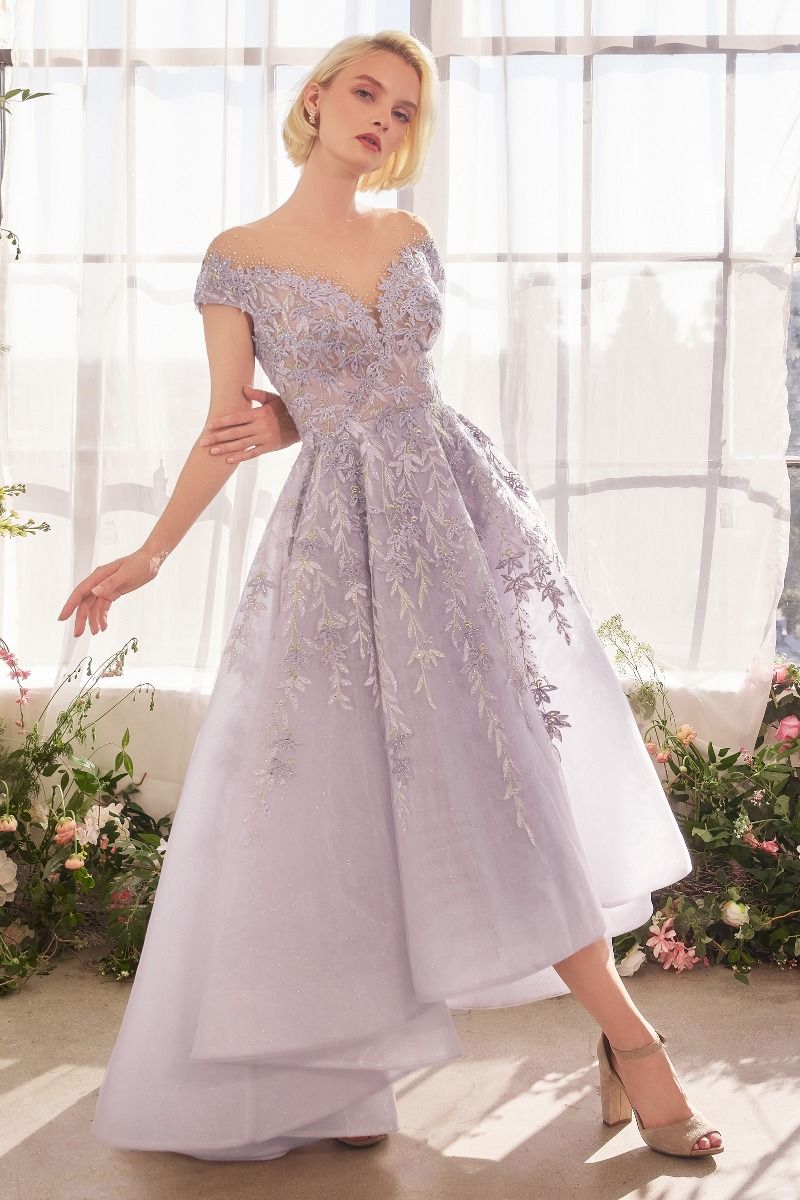 Andrea & Leo A1454 – Elegant Lavender Tea-Length Dress with Illusion Neckline & Lace Appliqué