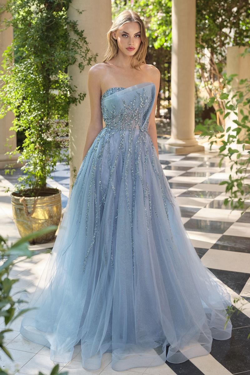 Andrea & Leo A1491 Strapless Beaded Tea-Length Cocktail Dress – Smoky Blue