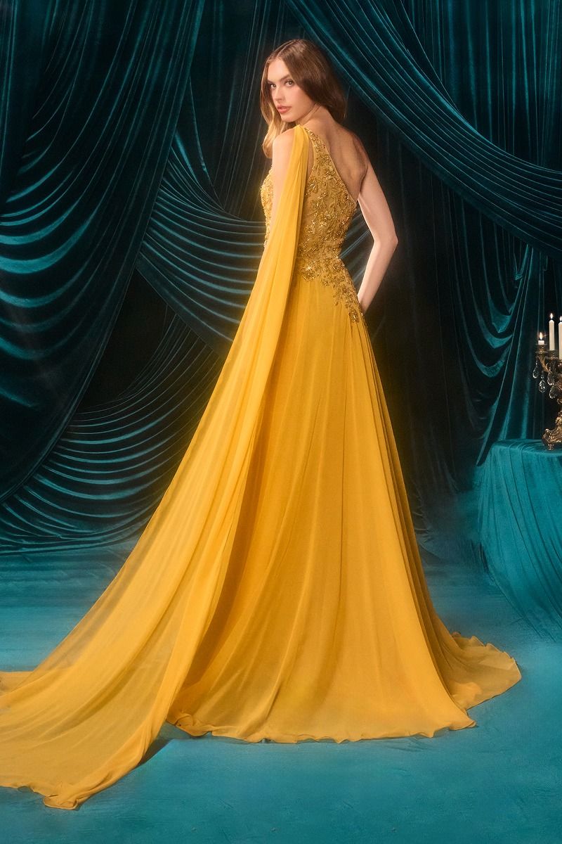 Andrea & Leo A1495 One-Shoulder Beaded Cape Evening Gown – Marigold