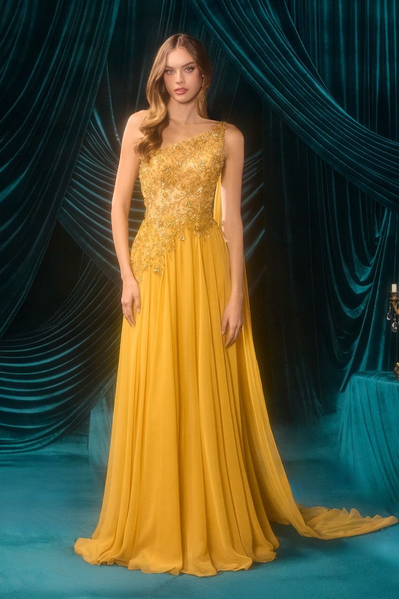 Andrea & Leo A1495 One-Shoulder Beaded Cape Evening Gown – Marigold