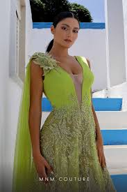 MNM Couture K3995 Pistache Beaded A-Line V-Neck Evening Gown with Shawl Cape