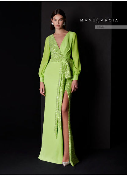 Manu García MG3611 – Sophisticated Lime Green Crepe & Sequin Gown with Knee-Length Slit