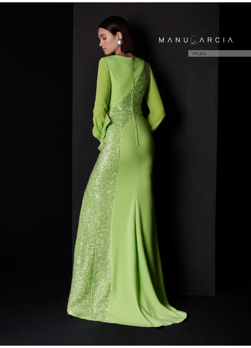 Manu García MG3611 – Sophisticated Lime Green Crepe & Sequin Gown with Knee-Length Slit