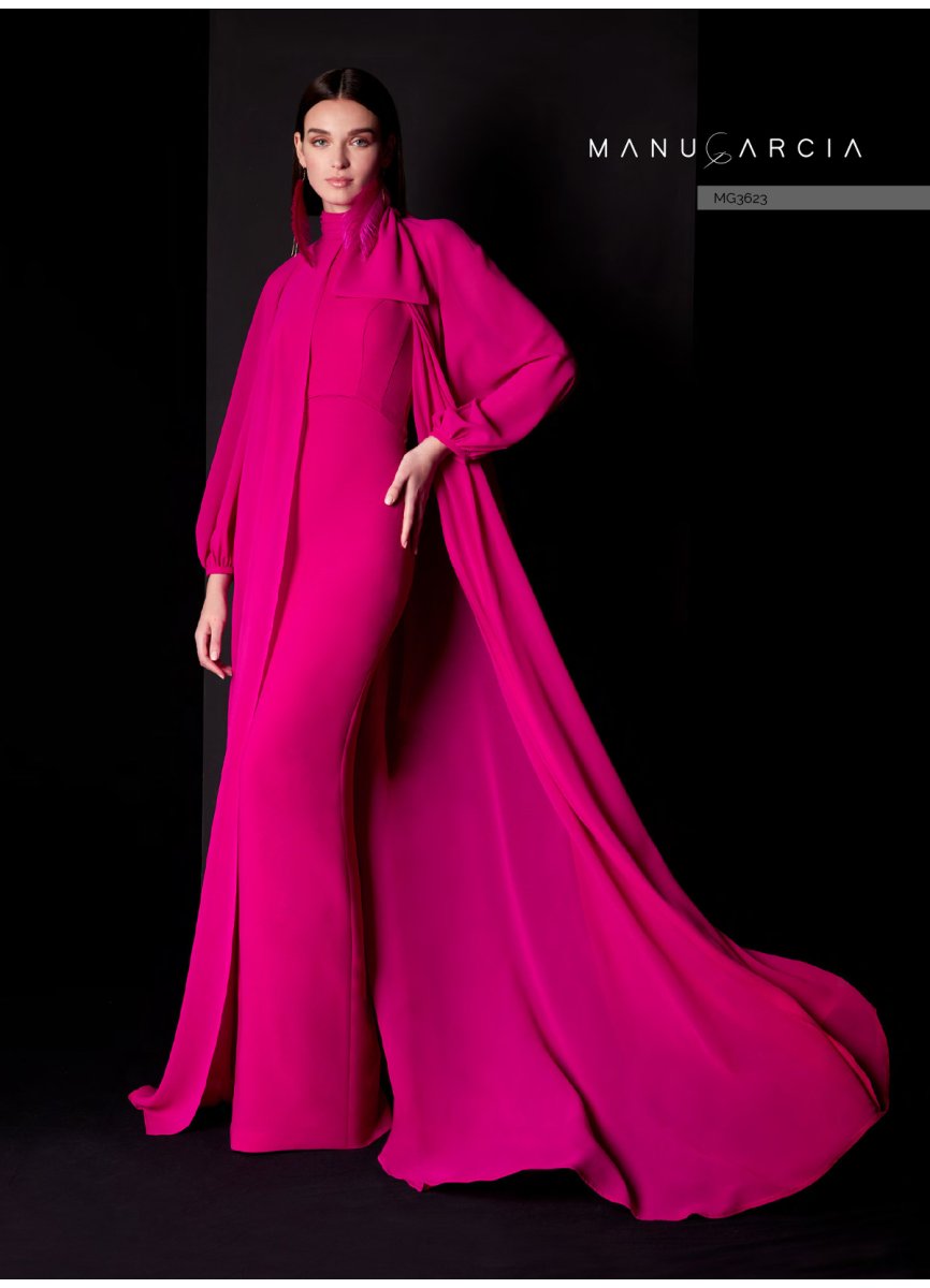 Manu García MG3623 – Fuchsia Crepe Gown with Dramatic Georgette Cape