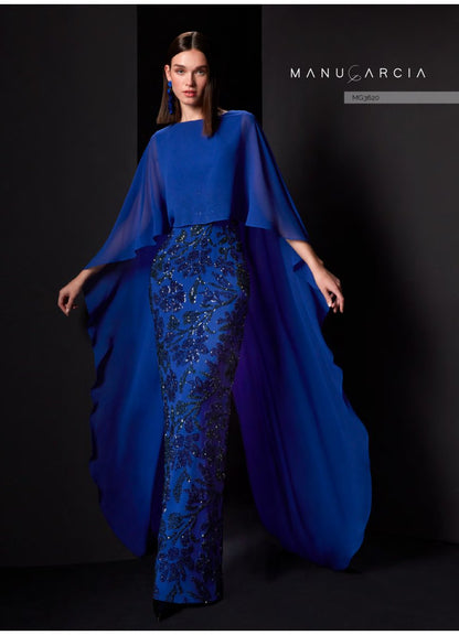 Manu García MG3620 – Royal Blue Georgette Gown with Cape Overlay & Sequin Embellished Skirt