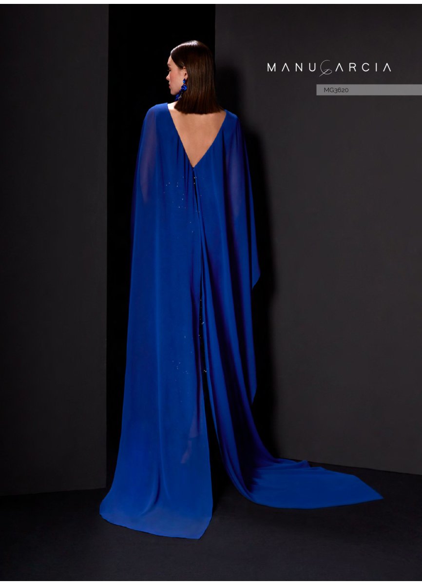 Manu García MG3620 – Royal Blue Georgette Gown with Cape Overlay & Sequin Embellished Skirt