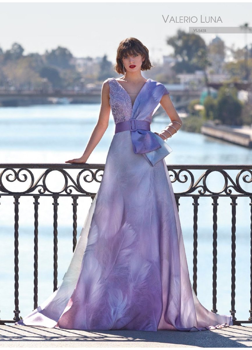 Valerio Luna VL5431 – Elegant Lavender Printed Organza Gown with Long Sleeves & Lace Bodice