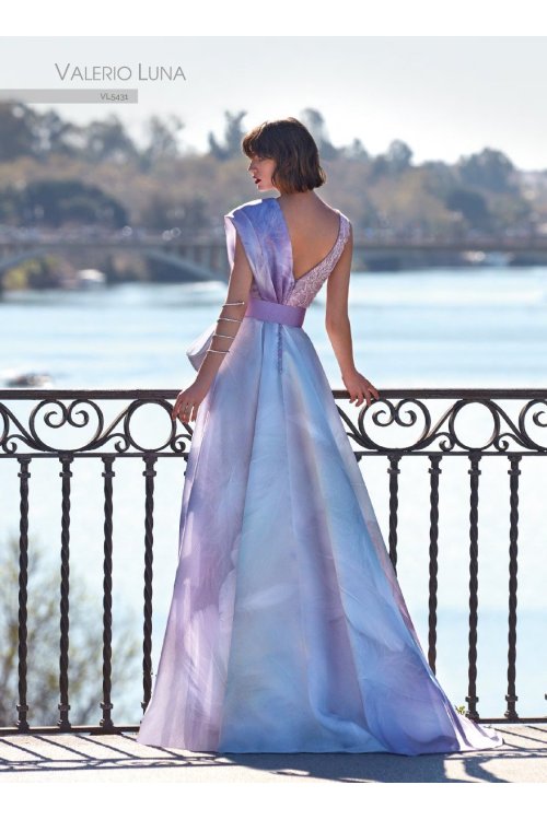 Valerio Luna VL5431 – Elegant Lavender Printed Organza Gown with Long Sleeves & Lace Bodice