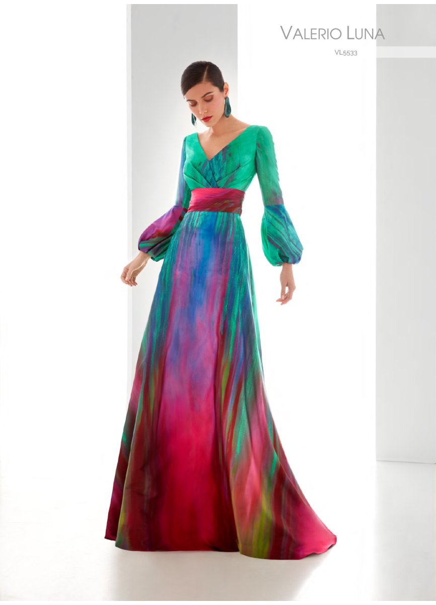 Valerio Luna VL5533 – Elegant Multicolor Satin Print Gown with Bishop Sleeves